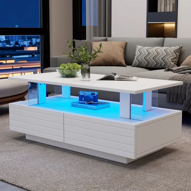 CHICFURN Salontafel - LED-verlichting - opbergruimte - dubbellaags - wit