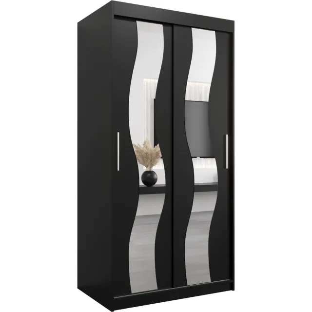 InspireME Kledingkast met 2 schuifdeuren, Modern-stijl, Een kledingkast met planken en een spiegel (BxHxD): 100x200x62 - REESE 100 Zwart Mat