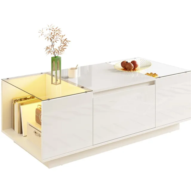 Merax Moderne Witte Salontafel met Ledverlichting en Opbergruimte – 2 Laden en Glas – 105 x 50 x 35 cm