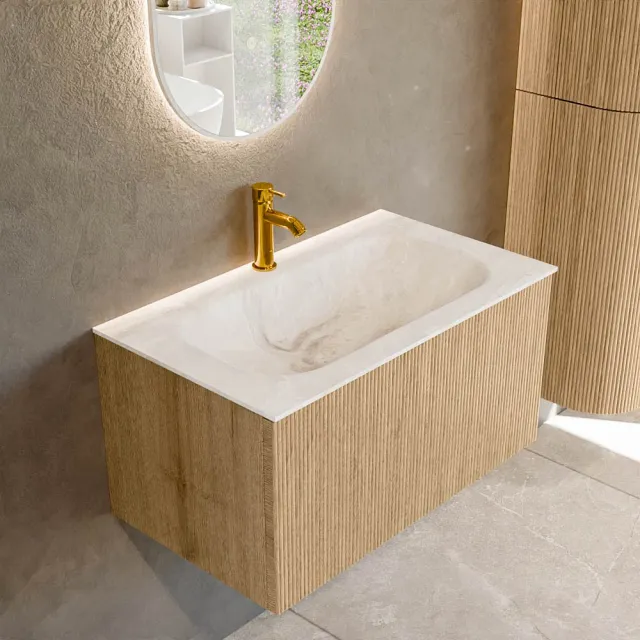 Mondiaz KURVE-DLUX 80 cm Onderkast Greeploos 1 Lade Zonder Deuren Oak, Wastafel Solid Surface Volledig Frappe 1 Kraangat Zonder Spiegel (KRVBGS801L0D1KM-Oak/Fra)