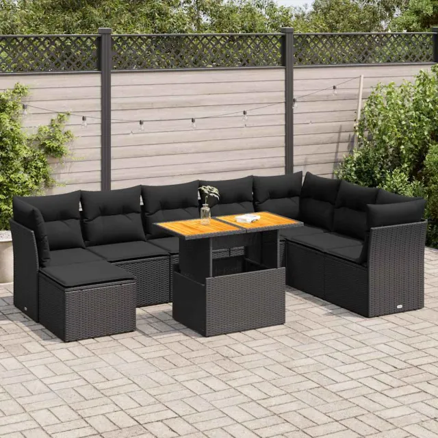 vidaXL 9-delige Loungeset met kussens poly rattan zwart, foto 2