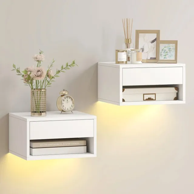 Roossentials nachtkastjes - Set van 2 zwevende nachtkastjes - Wand nachtkast - Bedside tabel - Hangend nachtkastje - Wit
