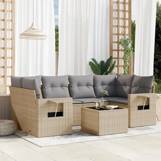 vidaXL 7-delige Loungeset met kussens poly rattan beige, foto 2
