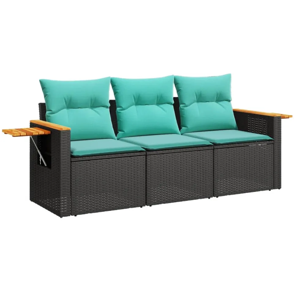 vidaXL 3-delige Loungeset met kussens poly rattan zwart, foto 3