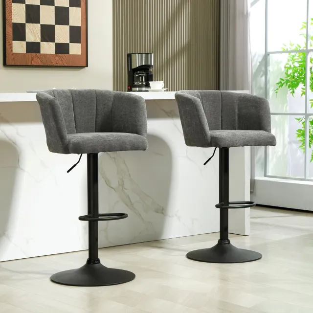 Wishdor Set Van 2 Barkrukken - Draaibaar En In Hoogte Verstelbaar - Modern Ontwerp Voor Keuken Of Ontbijthoek - Metalen Onderstel Met Voetensteun - Polyester Bekleding In Donkergrijs - 59 X 53 X 89-110 Cm