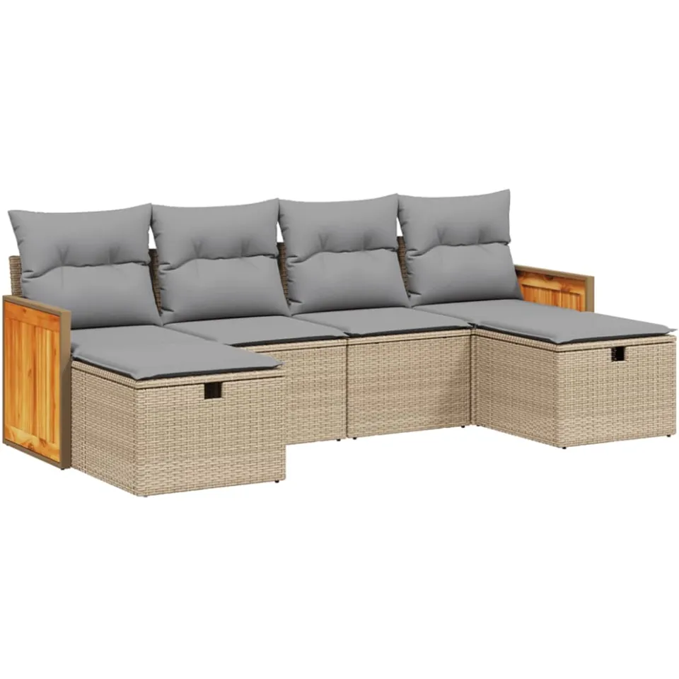 vidaXL 6-delige Loungeset met kussens poly rattan gemengd beige, foto 3