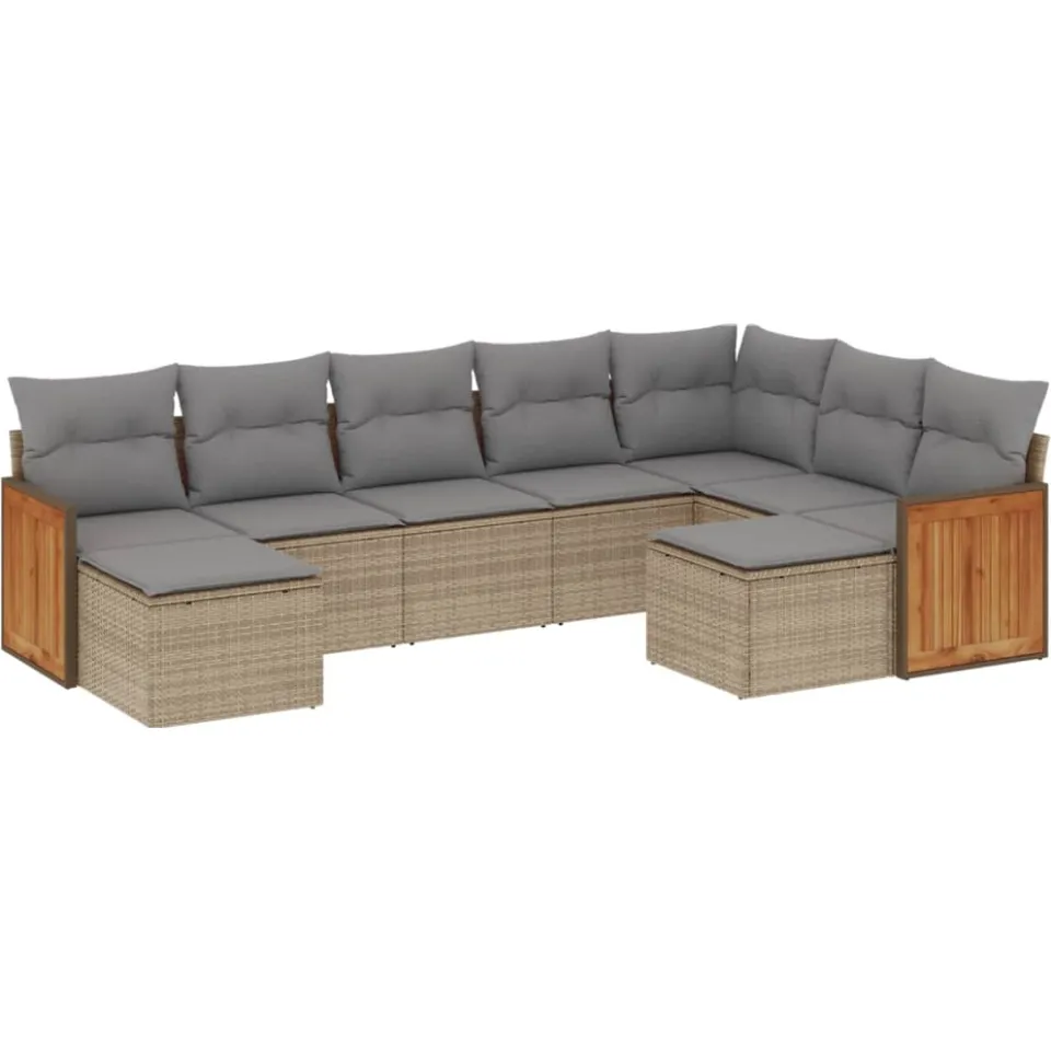 vidaXL 9-delige Loungeset met kussens poly rattan beige, foto 3