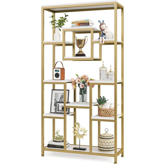 Tribesigns Boekenkast - Boekenrek - Modern - 11 Lagen - Hout/Metaal - 90 x 35 x 180cm - Goud & Wit Wit en Goud