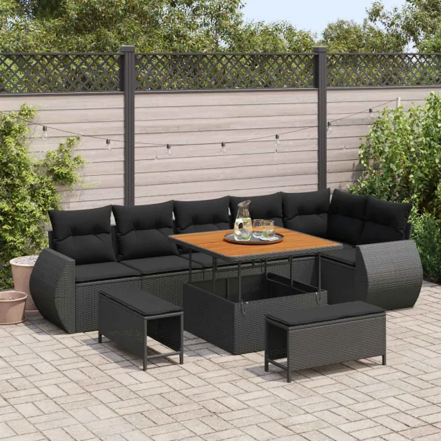 vidaXL Tuinbankenset 9 st Zwart poly rattan, foto 2