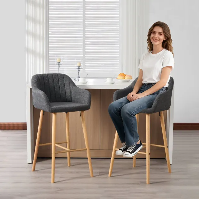 MIVRAY Barstoel - Hoge Rugleuning Met Armleuningen - Set Van 2 - Comfortabel Met Voetsteun - Voor Keukeneiland - Linnen Zwart Donkergrijs