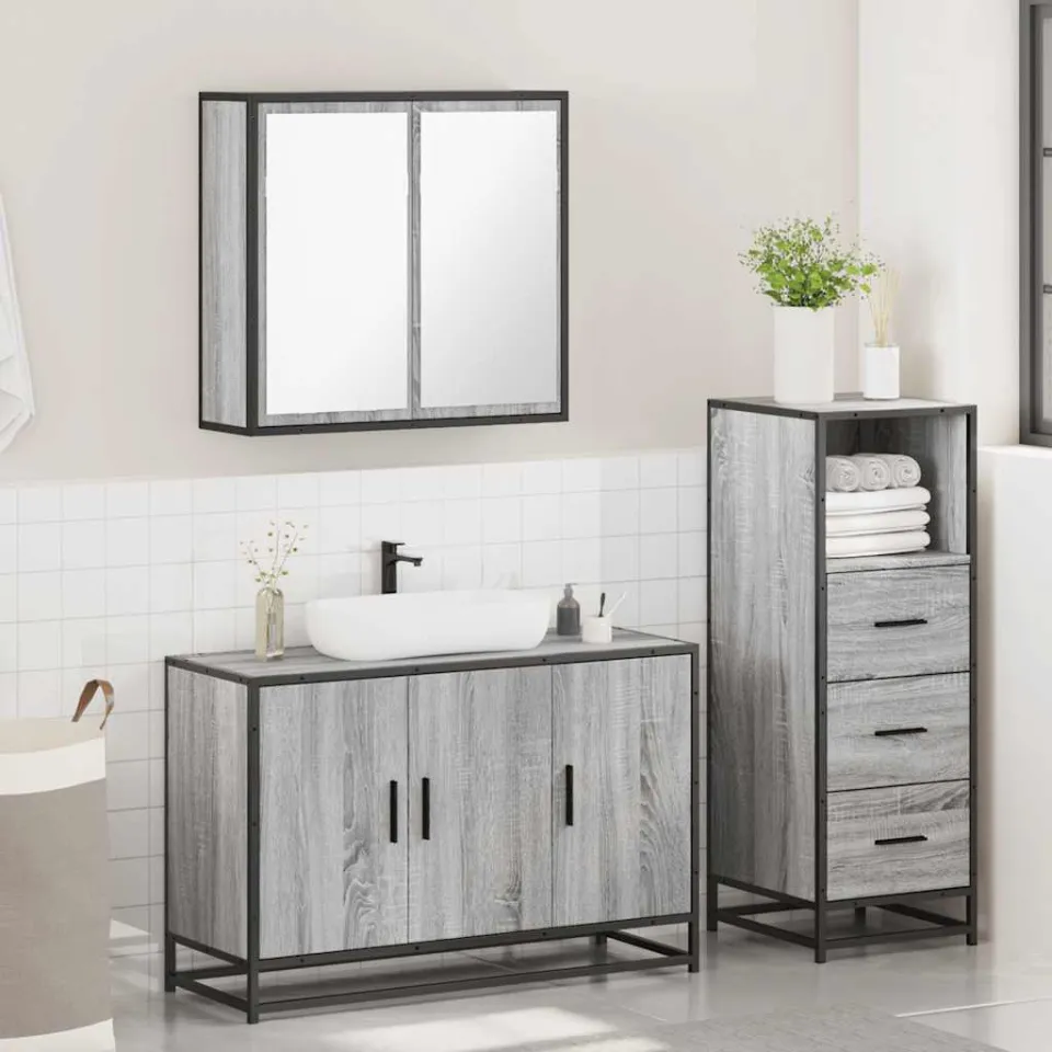 vidaXL 3-delige Badkamermeubelset bewerkt hout grijs sonoma eikenkleur, foto 4