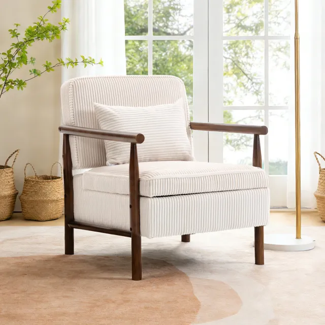 OKWISH Fauteuil - Met Opbergvak En Lendenkussen - Zachte Hoge Dichtheid Vulling - Voor Woonkamer Slaapkamer En Serre - Fluweel - Wit