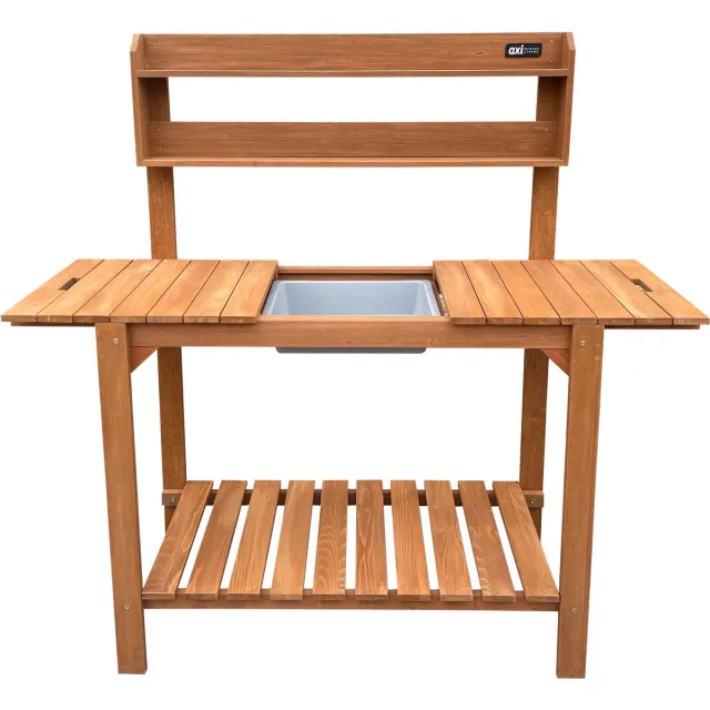 Axi Oppottafel met verschuifbaar werkblad Bruin – Tuinwerktafel – Hemlock hout – 100 x 46 x 140 cm – Met inzetbak van kunststof – Handige plantentafel met opbergruimte