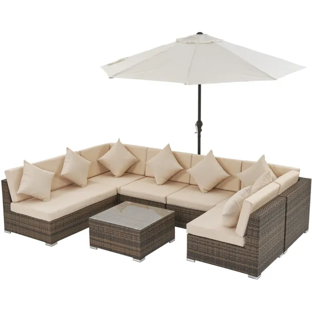 Celestial Loungeset 8-delig Bruin Wicker & Zandkleurige Kussens | incl. Parasol | Glazen Koffietafel | Aluminium Frame Bruin/Zandig