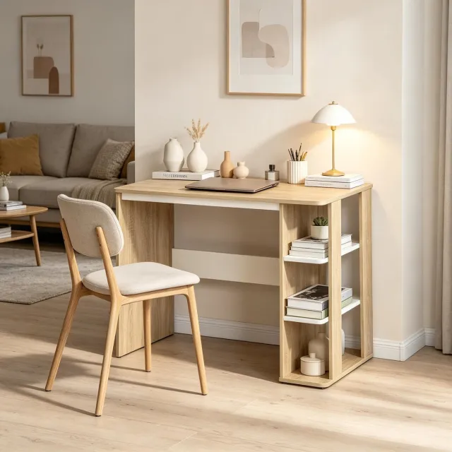 FloraGrace Bureau - Tweekleurig Design Met Open Opbergrek - Voor Slaapkamer En Kantoor - Spaanplaat - 100x44x74 Cm - Wit Licht Eiken