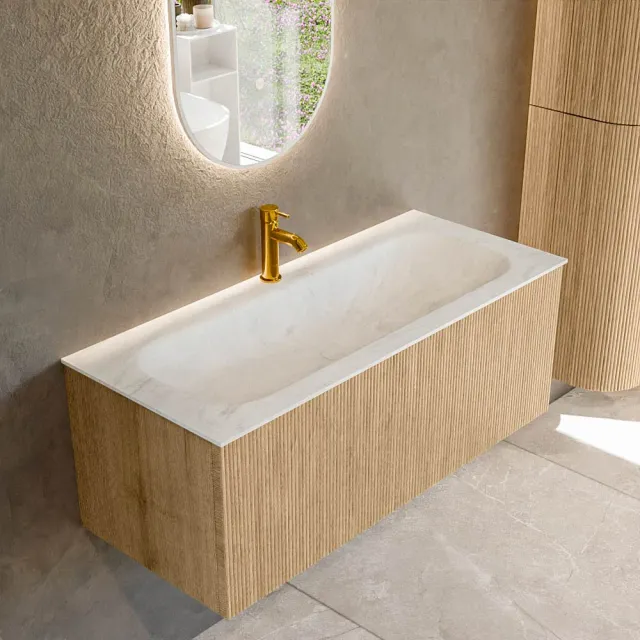 Mondiaz KURVE-DLUX 110 cm Onderkast Greeploos 1 Lade Zonder Deuren Oak, Wastafel Solid Surface Volledig Opalo 1 Kraangat Zonder Spiegel (KRVBGM1101L0D1KM-Oak/Opa)