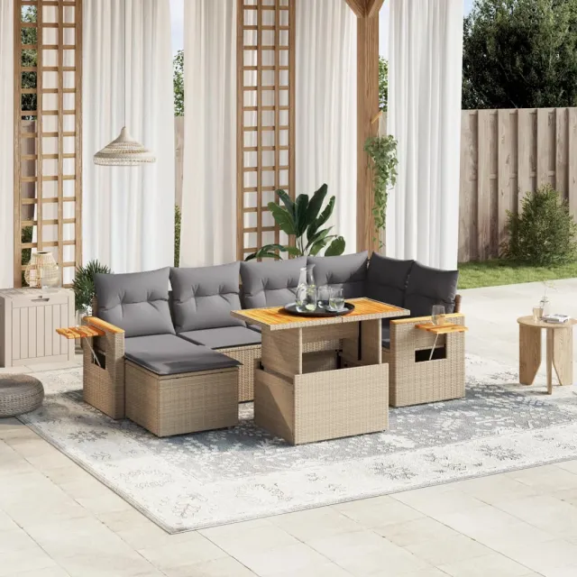 vidaXL 7-delige Loungeset met kussens poly rattan beige, foto 2