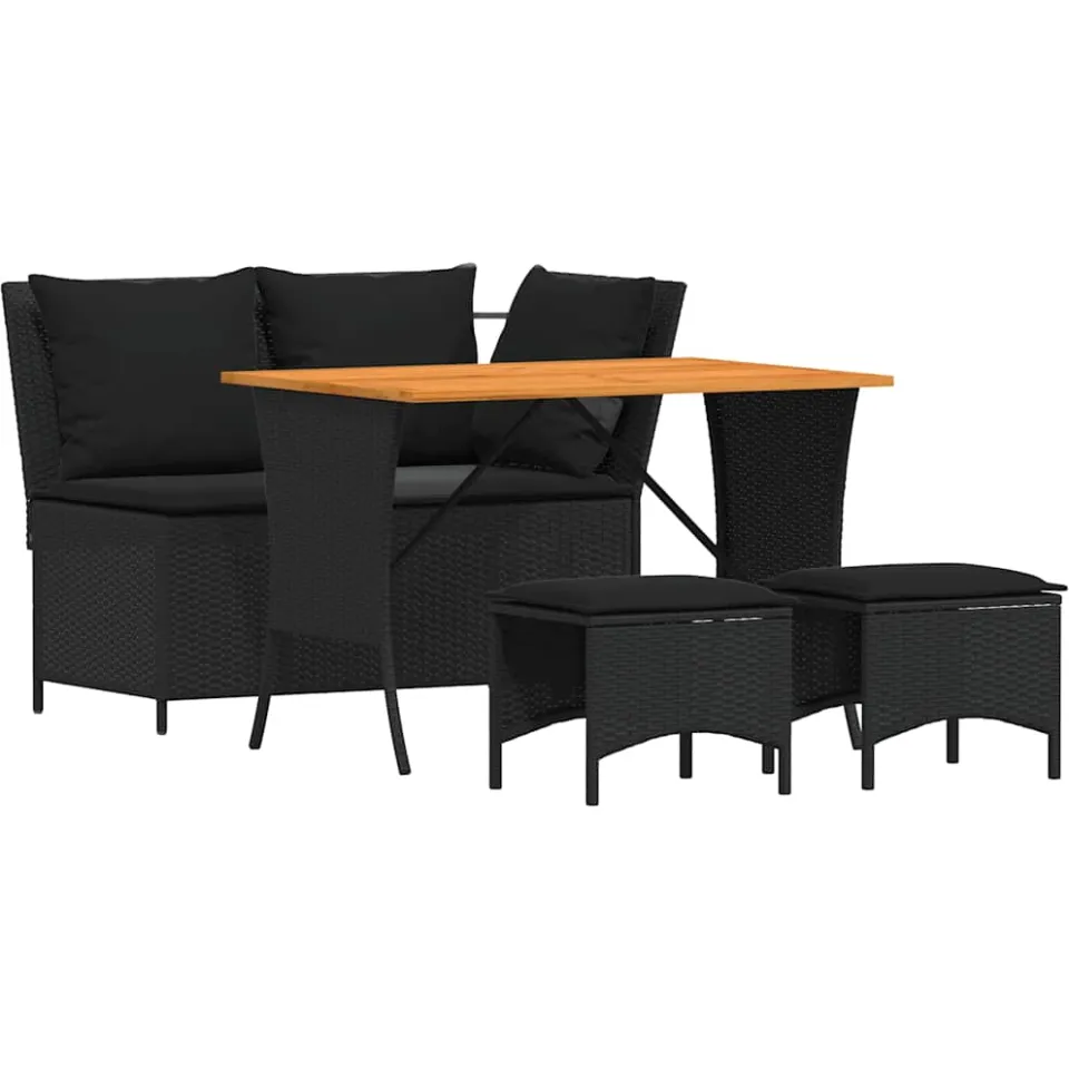 vidaXL 4-delige Tuinset met kussens poly rattan zwart
