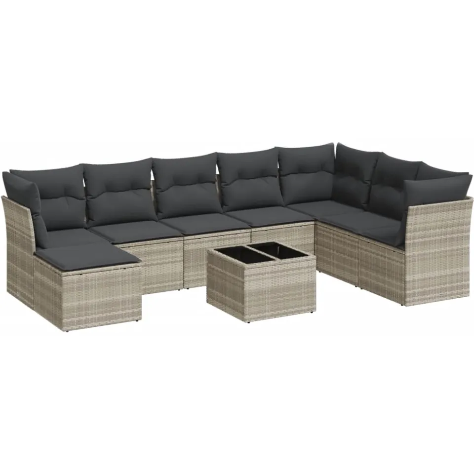 vidaXL 9-delige Loungeset met kussens poly rattan lichtgrijs grijs, foto 3