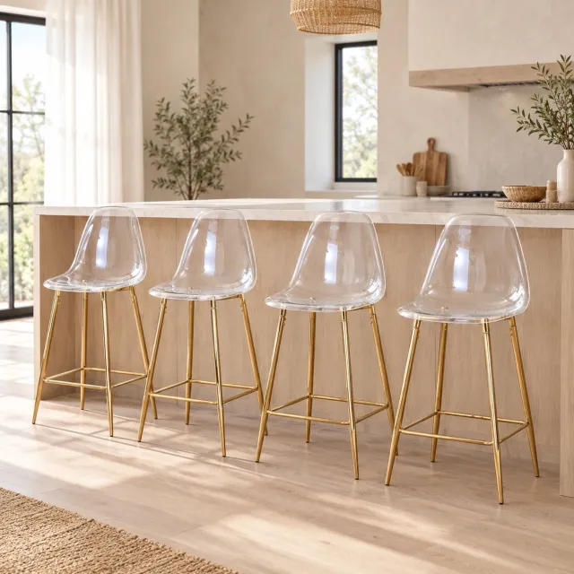 CHICFURN Barkruk - Set van 4 - Transparante zitting - Met rugleuning - Goud