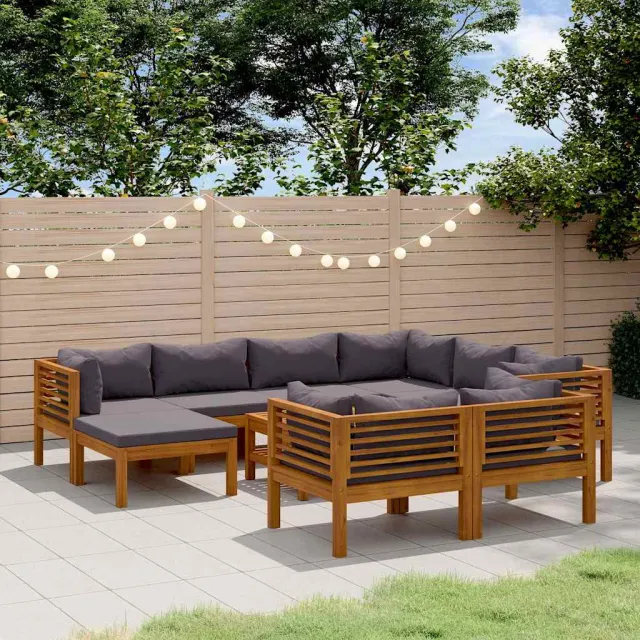 vidaXL 10-delige Loungeset met kussens massief acaciahout grijs, foto 2
