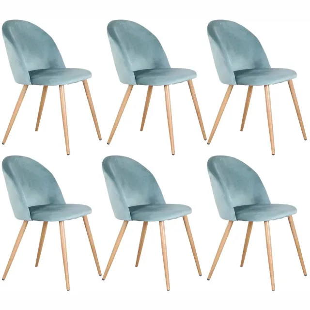 SONNENH Velvet eetkamerstoelen - Set van 6 - Metaalpoten in houtkleur - Blauwgroen Blauwgroen | Naturel houtkleur