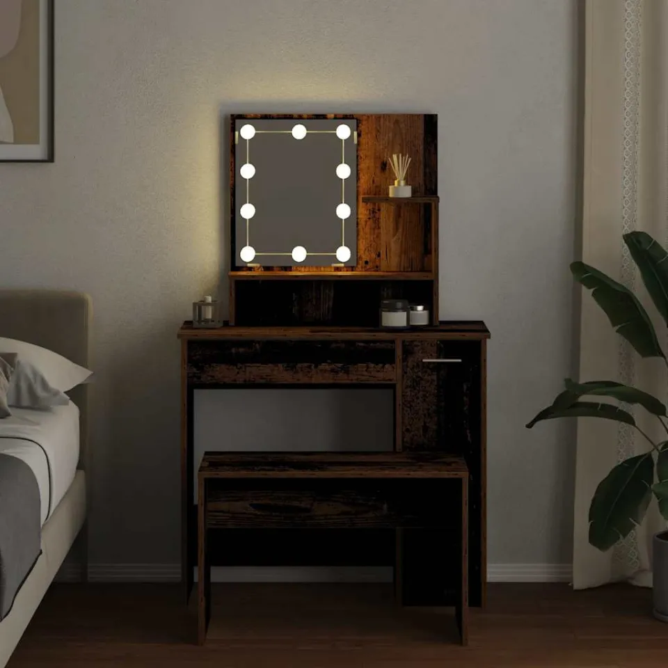 vidaXL Kaptafelset met LED-verlichting bewerkt hout oud houtkleurig bruin, foto 2