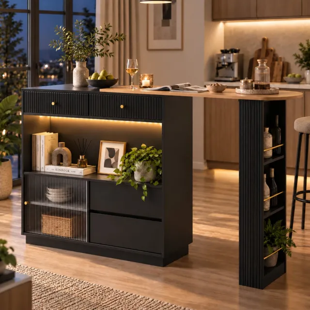 HAUSS SPOLE Bartafel Met Opbergruimte - 360 Graden Draaibaar En Uitschuifbaar Met Ledverlichting - Voor Keuken En Eethoek - Spaanplaat - Zwart - 120x30x100 Cm