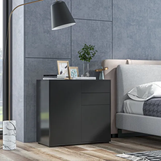 MEUNIQ dressoir 79 x 36 x 74 cm met 2 lades en 2 deuren, verstelbare plank en anti-kantelvoorziening, opbergkast voor woonkamer of eetkamer, zwart