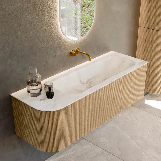 Mondiaz KURVE-DLUX 135 cm Onderkast Greeploos 1 Lade Met Deuren Oak, Wastafel Solid Surface Rechts Frappe 0 Kraangaten Zonder Spiegel (KRVBGM135L1L1D0KR-Oak/Fra)