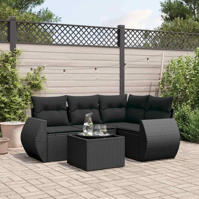 vidaXL 5-delige Loungeset met kussens poly rattan zwart, foto 2
