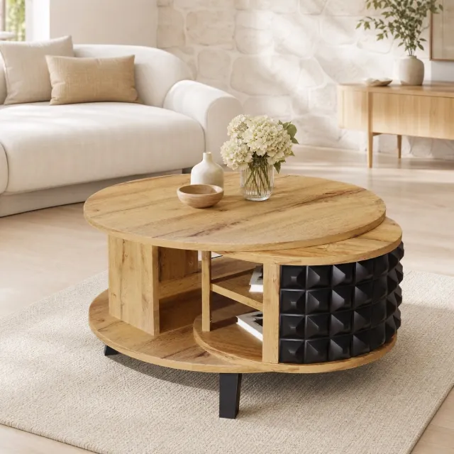 MEUNIQ Ronde salontafel 85,2 x 80 x 45,2 cm met dubbel blad, 360° draaibare verborgen opbergruimte, houtlook en zwart voor woonkamer Naturel