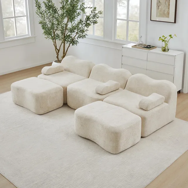 KOMHTOM BLACKCOLORS Modulaire U-vormige 3-zitsbank met 2 chaise longues, schuim met hoge dichtheid 32D, golvende vorm, diepe zitting, afneembare armleuningkussens, voor de woonkamer, beige