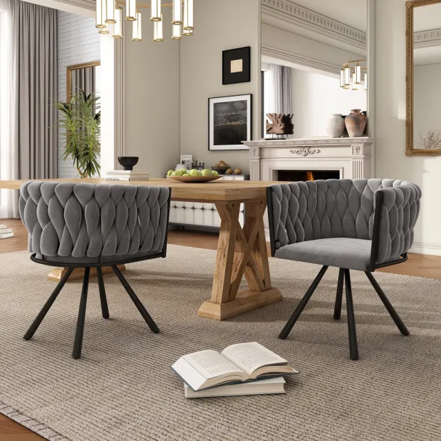 COVREO Eetkamerstoel 59x54x72 cm - grijs velvet, draaibaar, metalen onderstel, set van 2