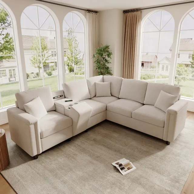 Pugsdrly L-vormige hoekbank van chenille met opbergconsole, bekerhouders, USB/Type-C-oplaadaansluitingen en leeslampje, 5-zitsbank voor de woonkamer, beige, 235 × 208 × 83 cm