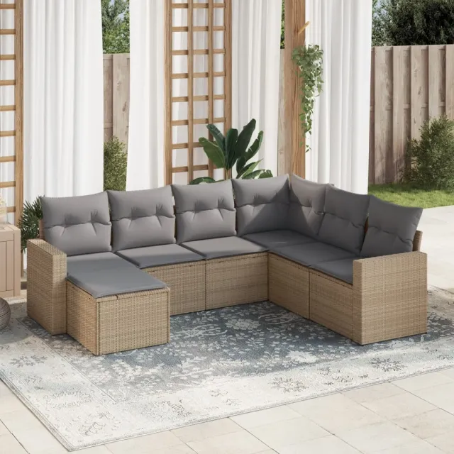 vidaXL 7-delige Loungeset met kussens poly rattan beige, foto 2