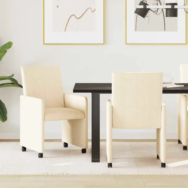 vidaXL Eetkamerstoelen met Wieltjes 2 st Katoenen stof Crème