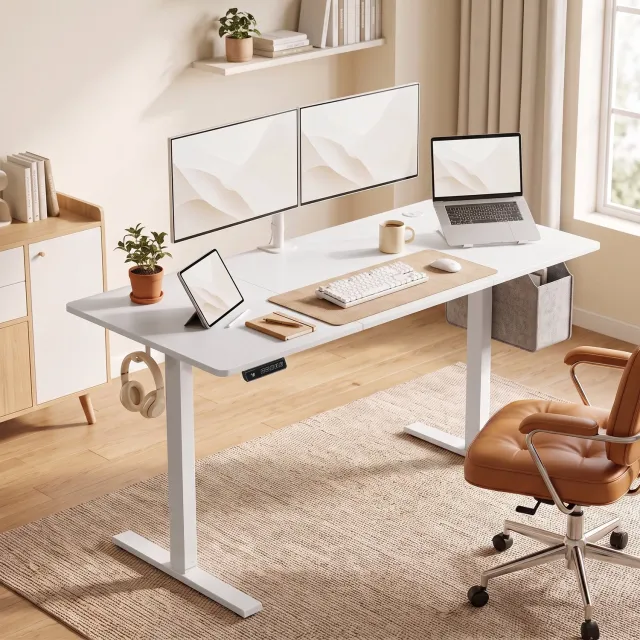 MUVANO Elektrisch zit-sta bureau - Drie geheugenstanden - Stalen onderstel - 140 x 60 cm - Hoogte 72-118 cm - Zittend en staand werken - Thuis en op kantoor wit
