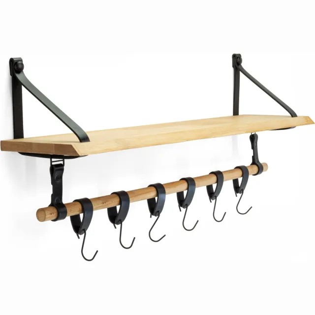 Industrial Living Wandplank Met Roede – Leren Bevestiging – 100% Leer – Boekenplank – Inclusief 6 stuks S-Haken – 80 cm – Opbergen – Wandrek Hout