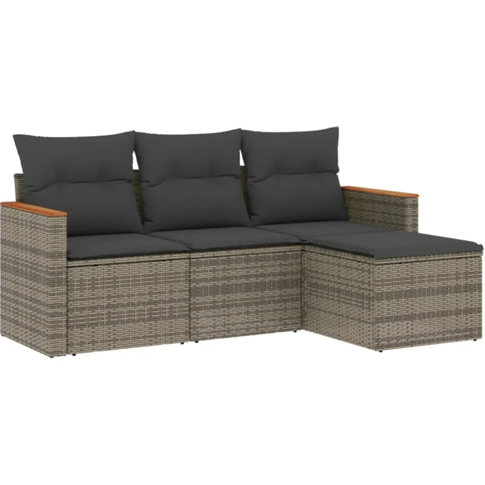 vidaXL 4-delige Loungeset met kussens poly rattan grijs, foto 3