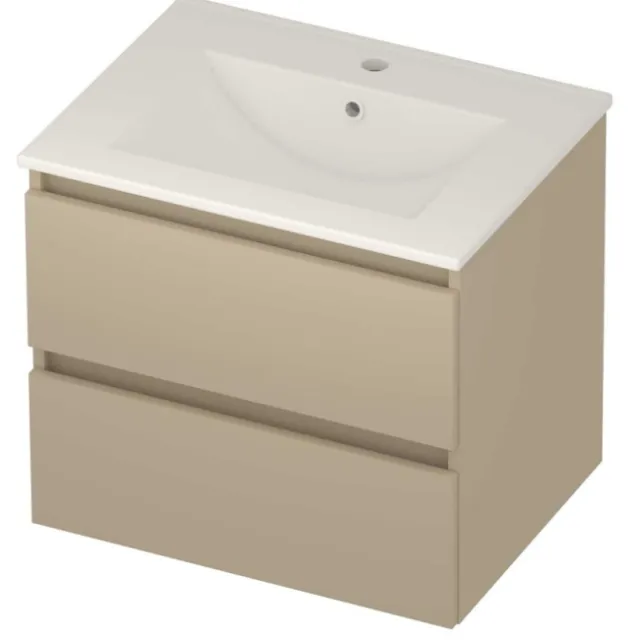 Basic-Line Coach 46 Badmeubelset Porselein 1 Kraangat Greeploos 60x46x54 cm Mat Beige Glans Wit