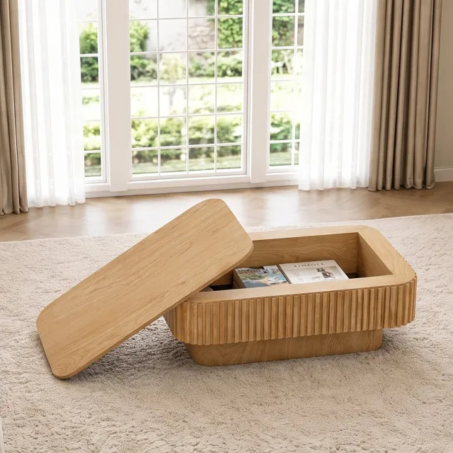 REDOM Salontafel - Verborgen opbergruimte - Afneembaar klapdeksel - Geribbelde structuur - Moderne stijl - MDF en houtfineer - Natuurlijk hout - 98 x 60 x 35 cm Naturel hout