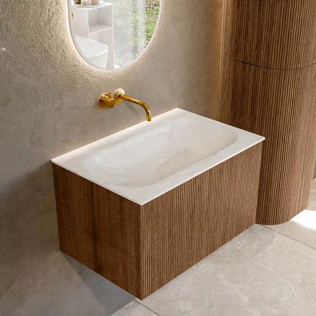 Mondiaz KURVE-DLUX 70 cm Onderkast Greeploos 1 Lade Zonder Deuren Walnut, Wastafel Solid Surface Volledig Ostra 0 Kraangaten Zonder Spiegel (KRVBGS701L0D0KM-Wal/Ost)