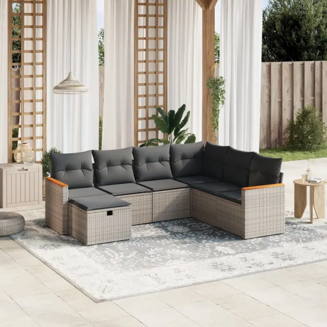vidaXL 7-delige Loungeset met kussens poly rattan grijs, foto 2