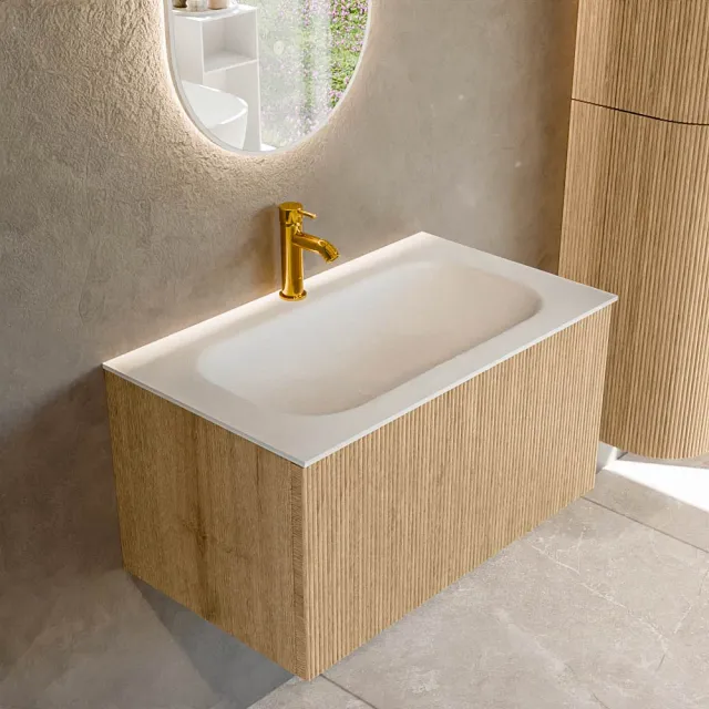 Mondiaz KURVE 80 cm Onderkast Greeploos 1 Lade Zonder Deuren Oak, Wastafel Solid Surface Volledig Talc 1 Kraangat Zonder Spiegel (KRVBGS801L0D1KM-Oak/Tal)