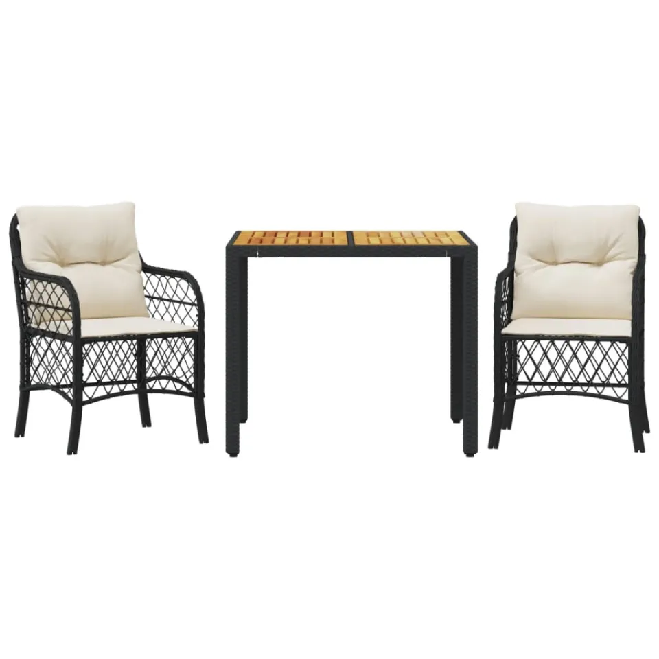 vidaXL 3-delige Bistroset met kussens poly rattan zwart, foto 3