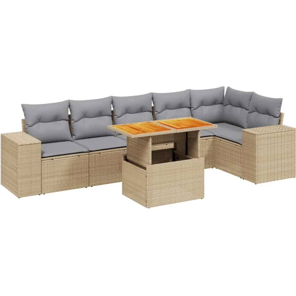 vidaXL 7-delige Loungeset met kussens poly rattan beige, foto 3