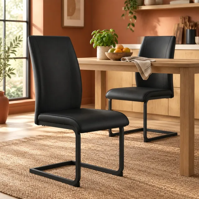 WUVRIE Set van 2 eetkamerstoelen - Ergonomische rugleuning en metalen onderstel - Zwart