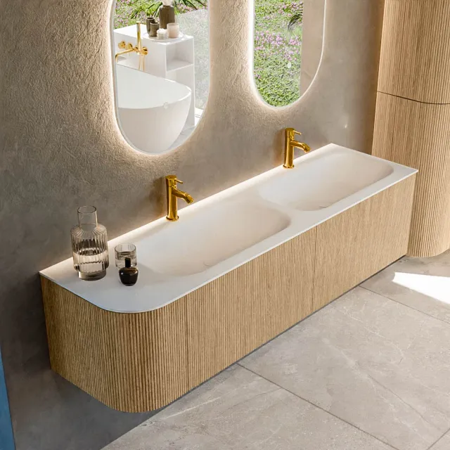 Mondiaz KURVE 165 cm Onderkast Greeploos 2 Lades Met Deuren Oak, Wastafel Solid Surface Rechts Talc 2 Kraangaten Zonder Spiegel (KRVBGS165L2L1D2KD-Oak/Tal)