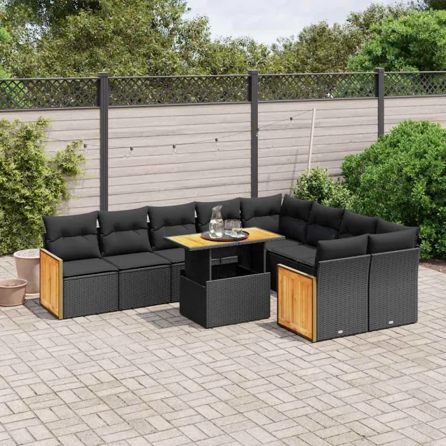 vidaXL 10-delige Loungeset met kussens poly rattan zwart, foto 2